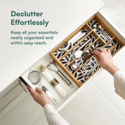 Pristine Bamboo Expandable Drawer Organizers for Kitchen - Extra Deep Non-Slip 17” x 14.6” (expands up to 25 inches) - Dark Wooden Silverware Divider (10 Compartments) – Organize Cooking Utensils