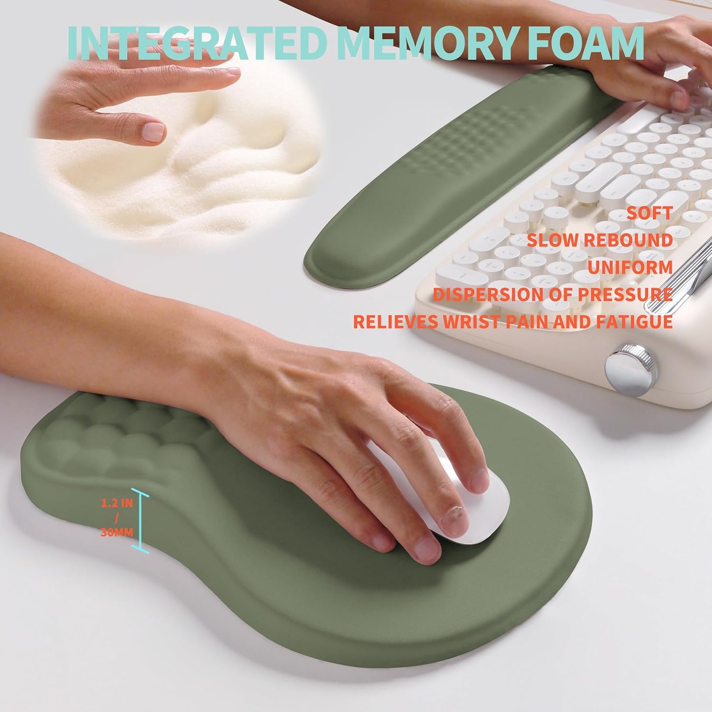 2-in-1 Ergonomic Set, Wave Rise Keyboard Wrist Rest and Massage Bulge Slope Mouse Pad Wrist Support, Cushion Memory Foam Integrated to Relieve Wrist Pain, Black