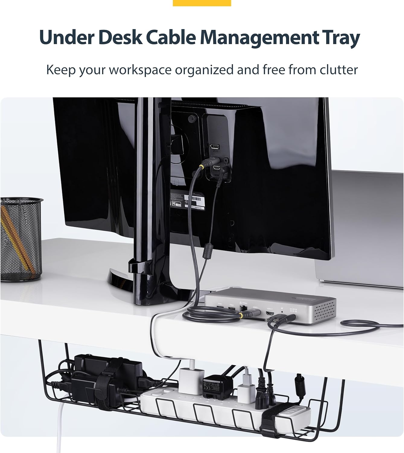 StarTech Under Desk Cable Management Tray, 24" Long, Metal Basket Style Cable Organizer, Screw-On Installation, Power Bar Holder, Metal, Black, TAA