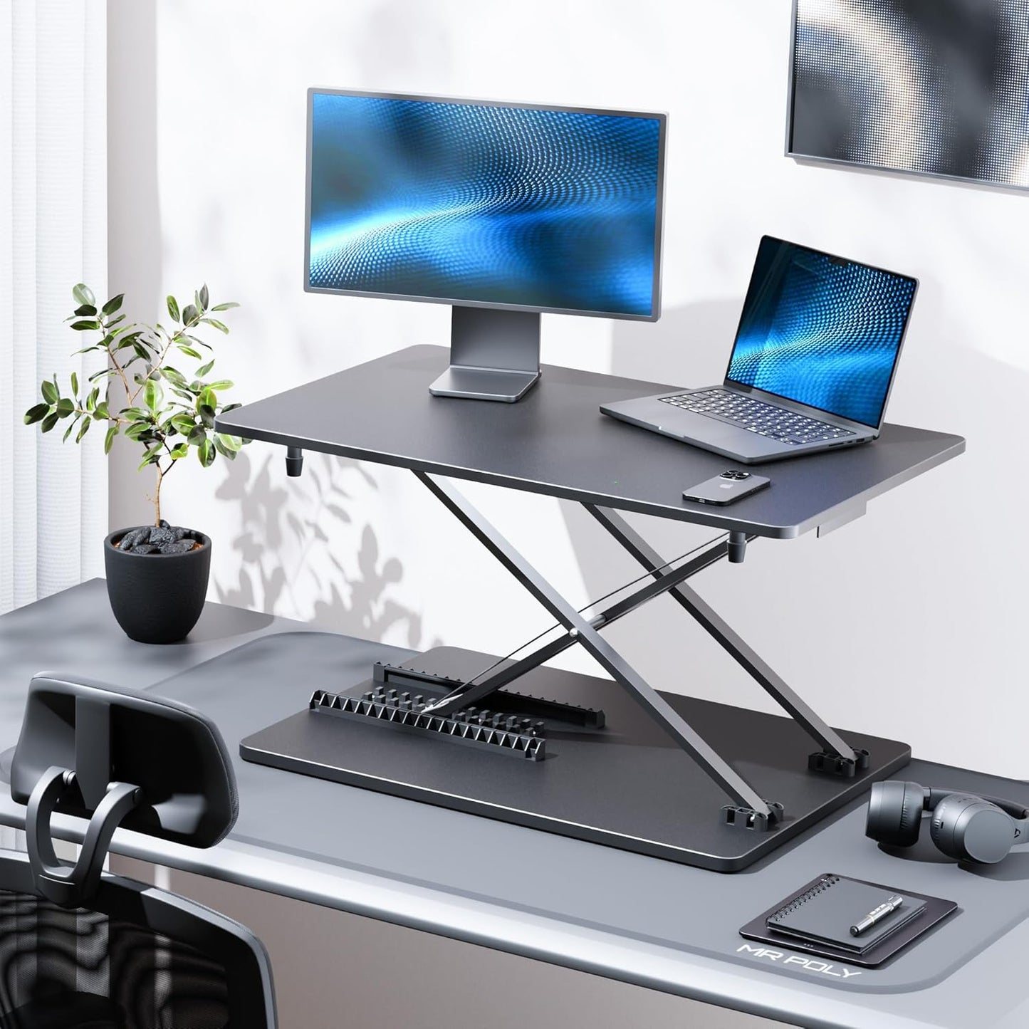 Standing Desk Converter, 25.16" × 15.75" Height Adjustable Laptop Stand for Desk, Sit Stand Monitor Stand, No Assembly Required for Home and Office Use (Black)