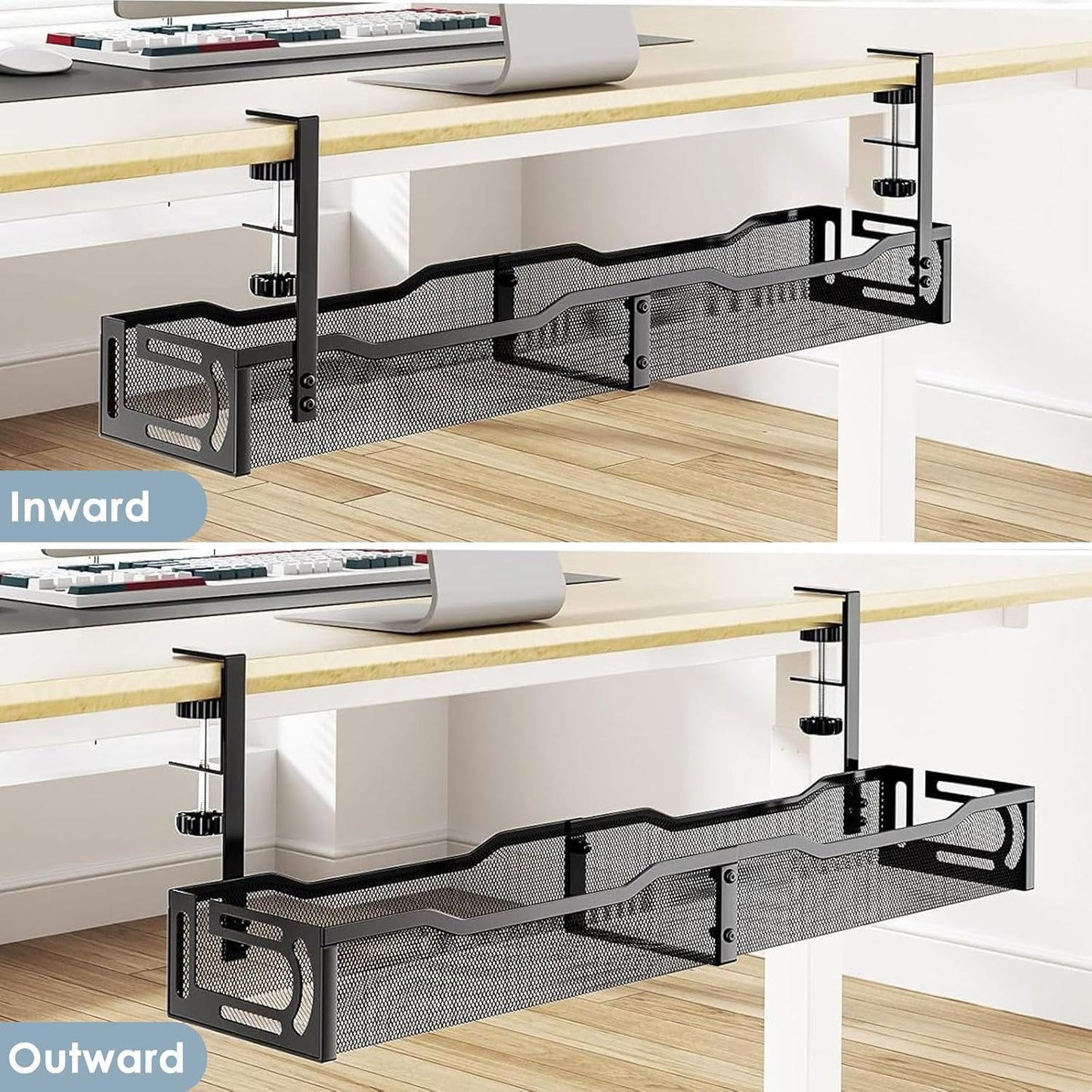 Cable Management, 25'' Cable Management Under Desk No Drill, Metal Cord Organizer with Clamp for Standing Desk, Cable Organizer for Home Office, Black