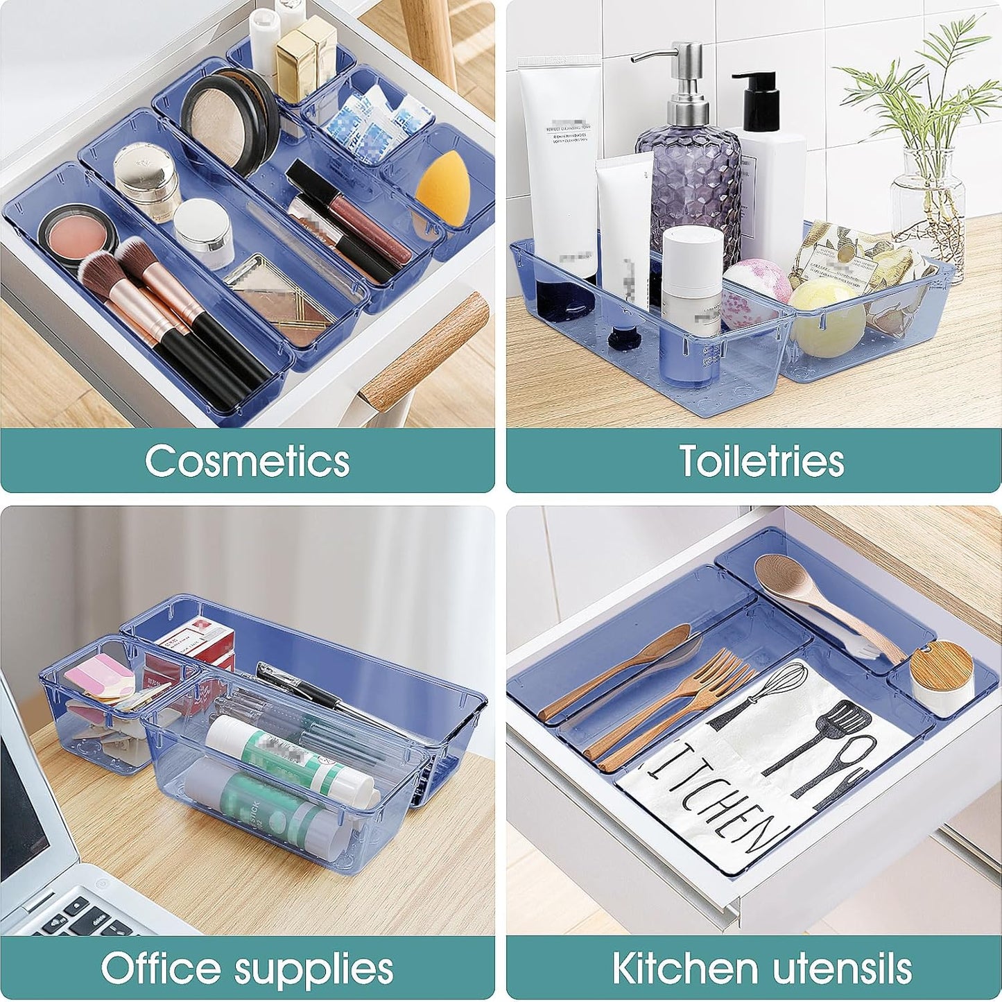WOWBOX 25 PCS Clear Plastic Drawer Organizer Set, 4 Sizes Desk Drawer Divider Organizers and Storage Bins for Makeup, Jewelry, Gadgets for Kitchen, Bedroom, Bathroom, Office