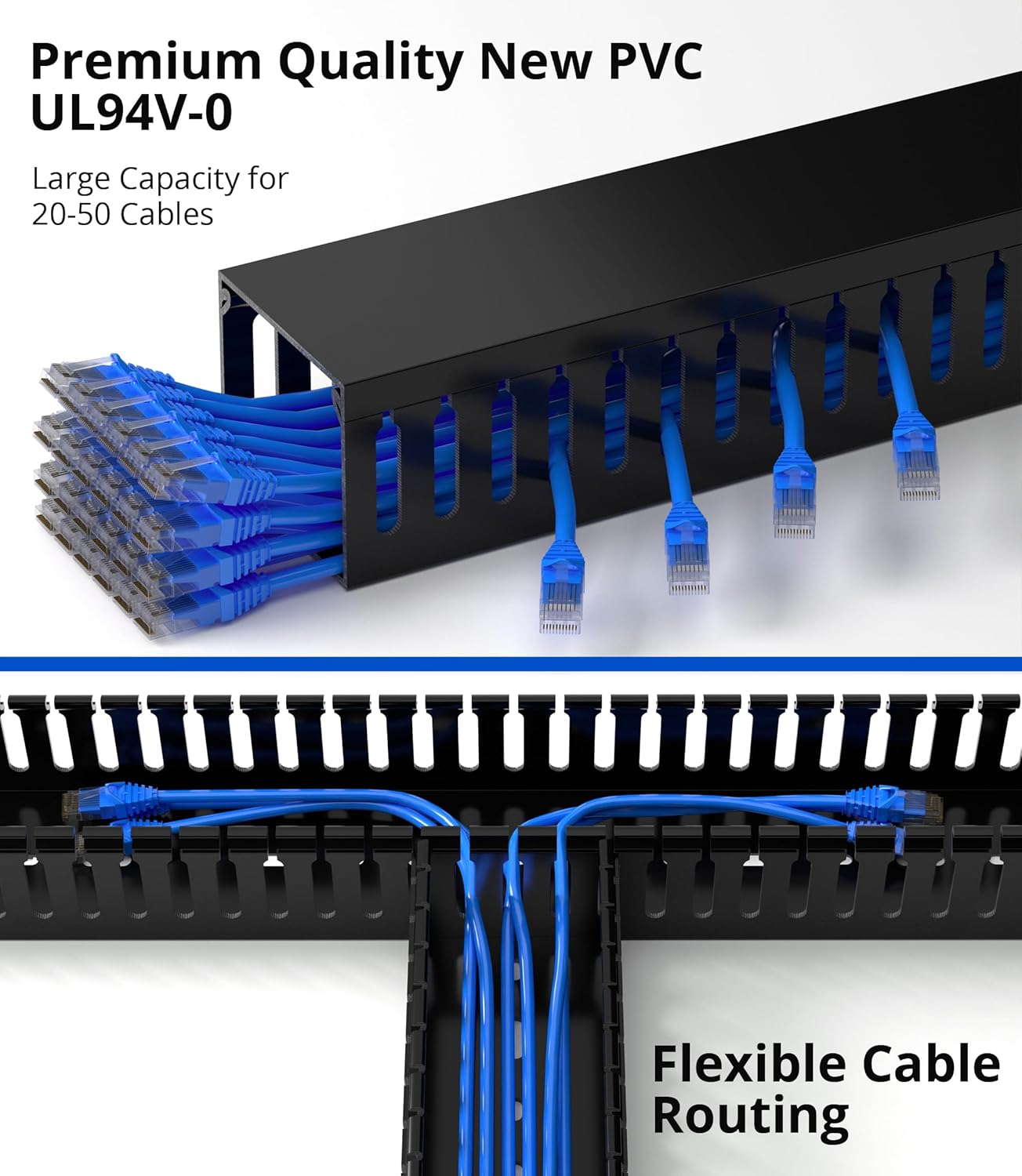 ZhiYo 2 x 2in Professional Server Rack Cable Management Raceway, 99in (6X L16.5in) Cable Raceway Kit, Electrically Safe PVC Open Slot Wire Raceway for Under Desk/Computer/Network Cords, Black