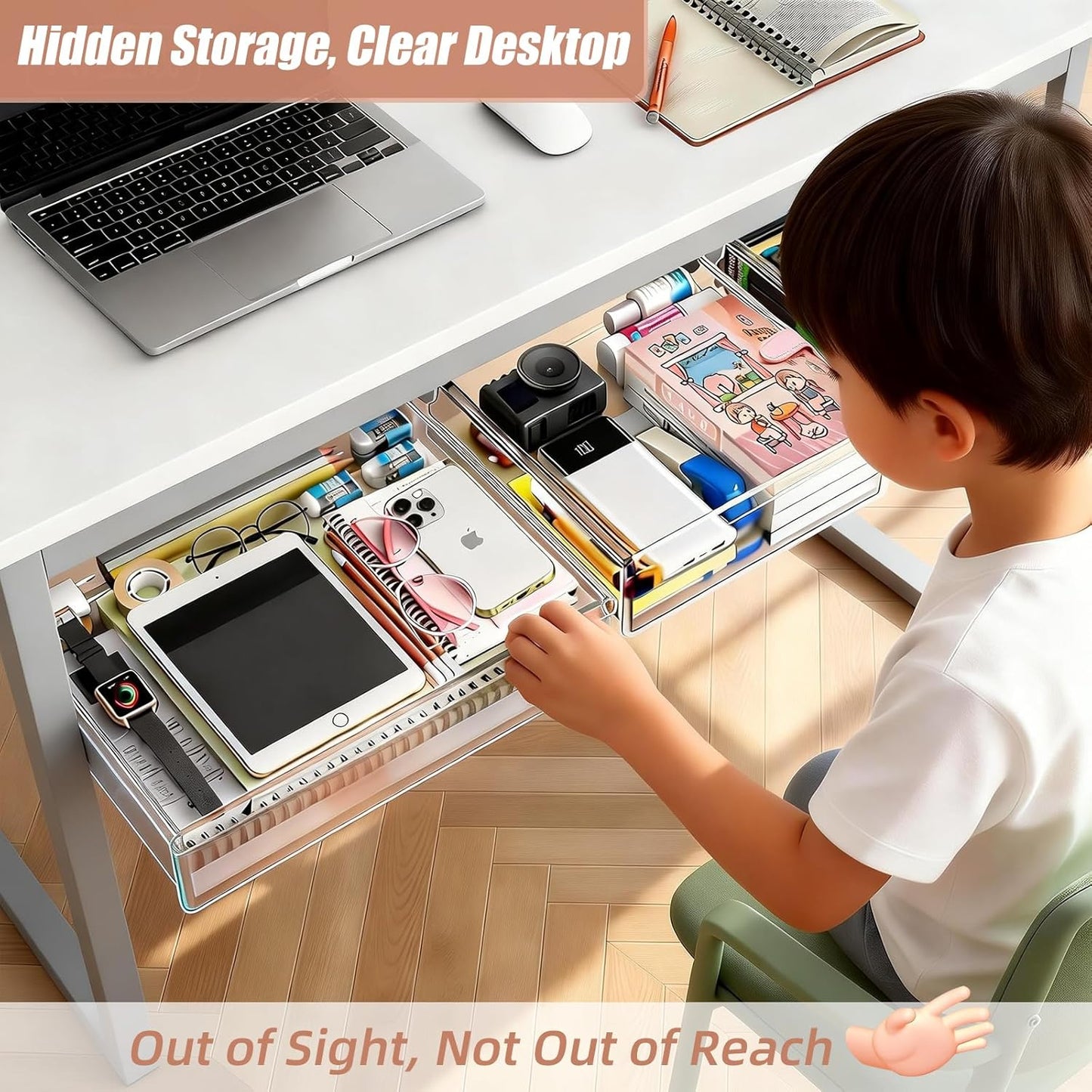 TooCust 3 Pack Under Desk Drawer Slide Out Storage Organizer, Clear White 3 Sizes (S/M/L), Dual-Mount Hidden Table Tray for Tablets, Planners & Office Supplies