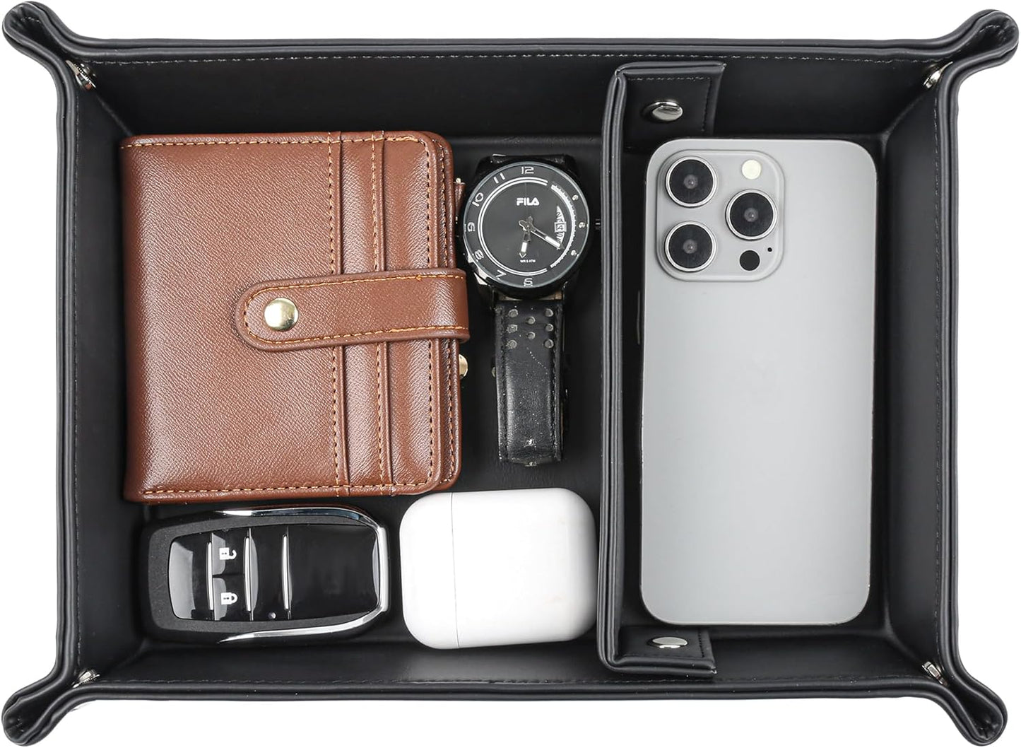 Deluxe Leather Tray Desktop Storage Organizer Watch Remote Control Jewelry Cell Phone Wallet Keychain Desktop Storage for Home, Camping Unique Gift Ideas for Men and Friends