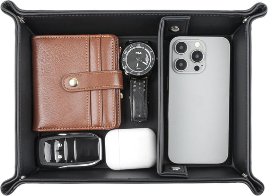 Deluxe Leather Tray Desktop Storage Organizer Watch Remote Control Jewelry Cell Phone Wallet Keychain Desktop Storage for Home, Camping Unique Gift Ideas for Men and Friends