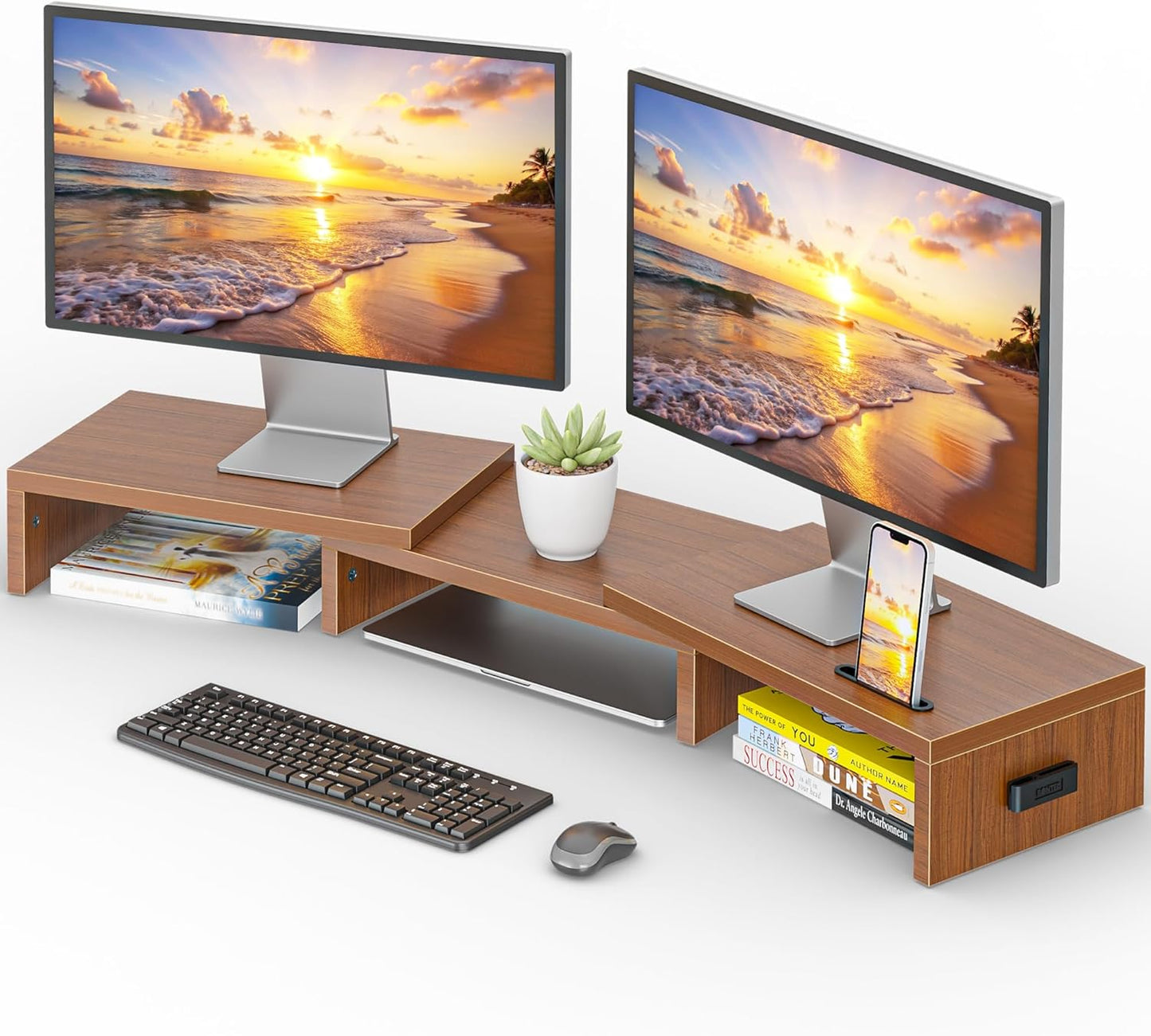 BONTEC Dual Monitor Stand Riser with Smartphone Holder, Adjustable Length & Swivel Angle, Ergonomic Wooden Desktop Organizer for PC Monitor, Laptop, Printer, Large Storage, White