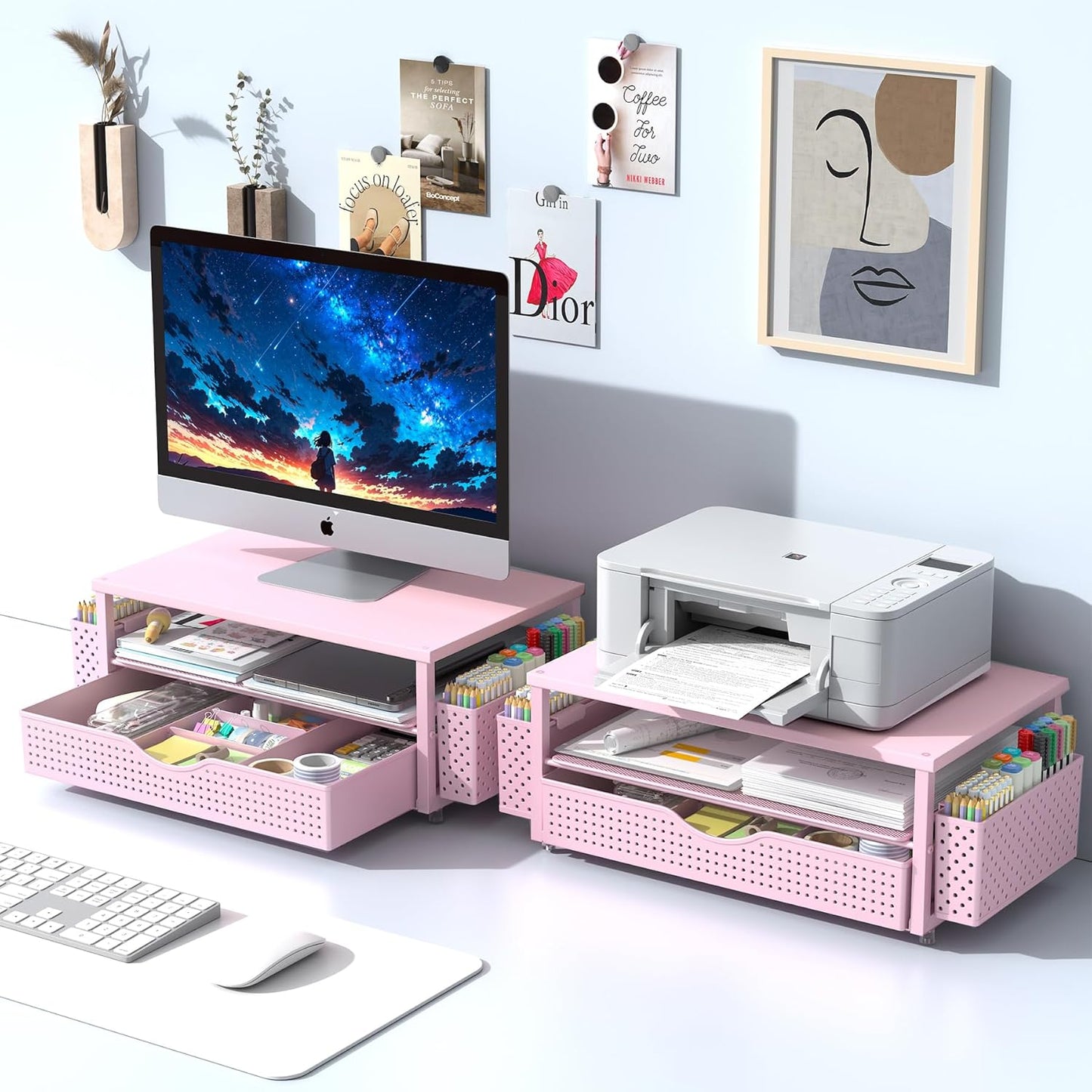 Spacrea Desk Organizer and Accessories, Computer Monitor Stand Riser with Drawer and 2 Pen Holders, Office Desk Accessories & Workspace Organizers for Office Supplies (Black)