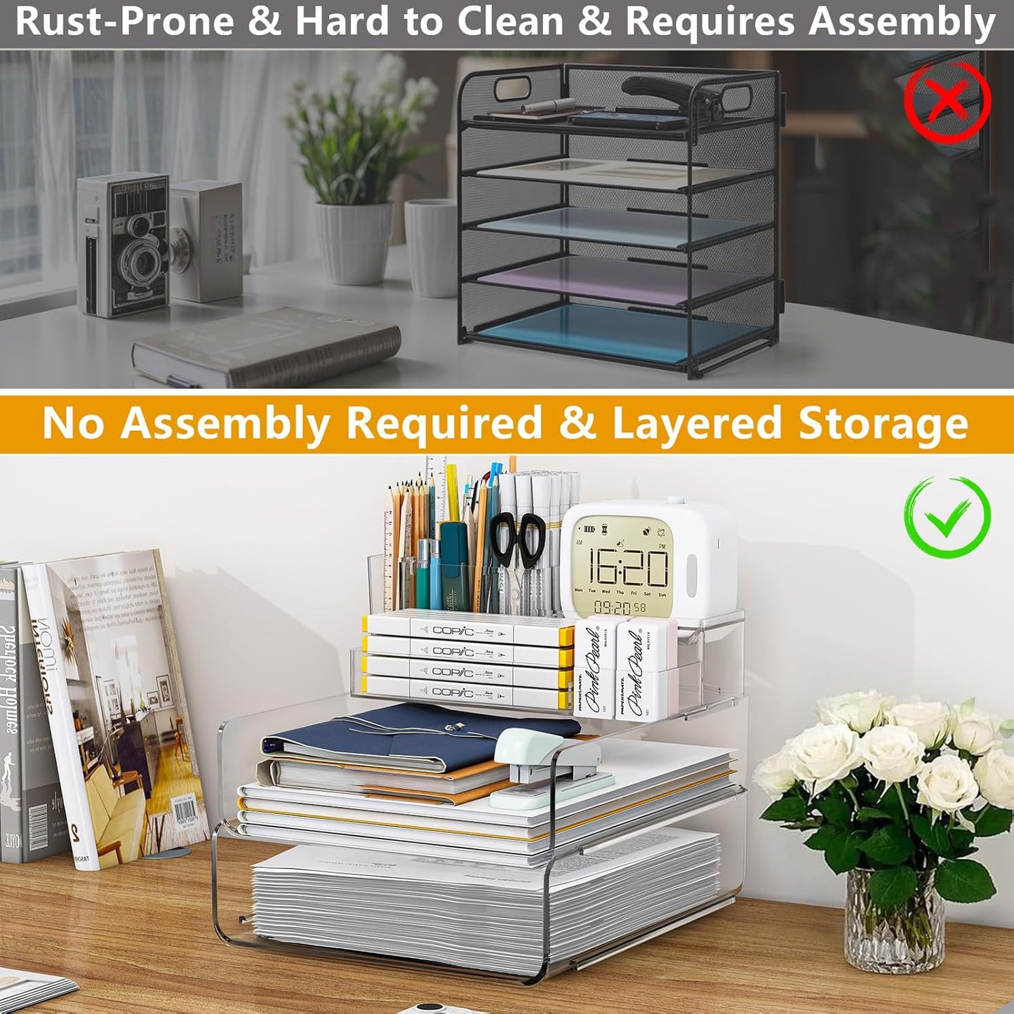 Paper Organizer Letter Tray - Acrylic Stackable Desk File Organizer with 5-Gird Tray and Pencil Holder, Clear File Organizer for Desk, Office Organizer for File Paper, Ipad, Letter, Small Item Etc