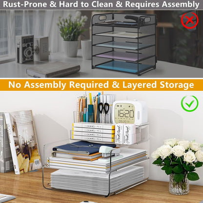 Paper Organizer Letter Tray - Acrylic Stackable Desk File Organizer with 5-Gird Tray and Pencil Holder, Clear File Organizer for Desk, Office Organizer for File Paper, Ipad, Letter, Small Item Etc