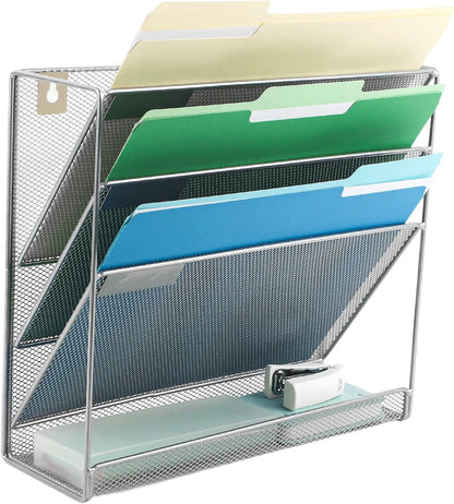 EASEPRES Desk File Organizer Mesh 6-Tier, Hanging Wall Mount Document Organization Stand, Desktop Vertical Mail Paper Folder Holder Rack with Bottom Tray for Office Home Cubicle Countertop, Black