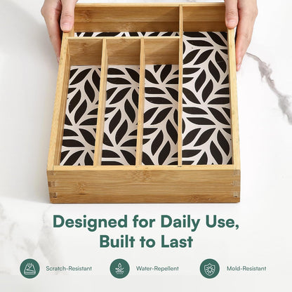 Pristine Bamboo Expandable Drawer Organizers for Kitchen - Extra Deep Non-Slip 17” x 14.6” (expands up to 25 inches) - Dark Wooden Silverware Divider (10 Compartments) – Organize Cooking Utensils