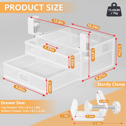 Sliding Under Desk Drawer Organizer No Drilling 2 Drawers Slide Out Desktop Or Under Table Storage Metal Clamp On Desk Drawer Attachment Anti-Slip Desktop Organizer for Home & Office, White