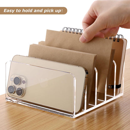 SANRUI 5 Compartments Acrylic Mail Sorter Holder, Clear Document Magazine Envelope File Rack, Vertical Letter Sorter & Multifunction Desk Organizer for Bills, Documents, Notebooks