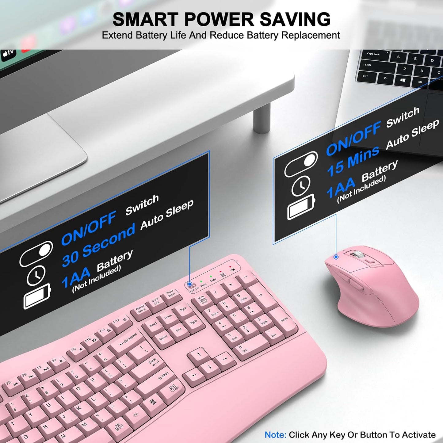 Wireless Keyboard and Mouse Combo, 2.4G Full Size Wave Keys Ergonomic Keyboard with Wrist Rest and 3-Level DPI Adjustable Wireless Ergonomic Mouse for Windows, Mac OS Desktop/Laptop/PC(Black)