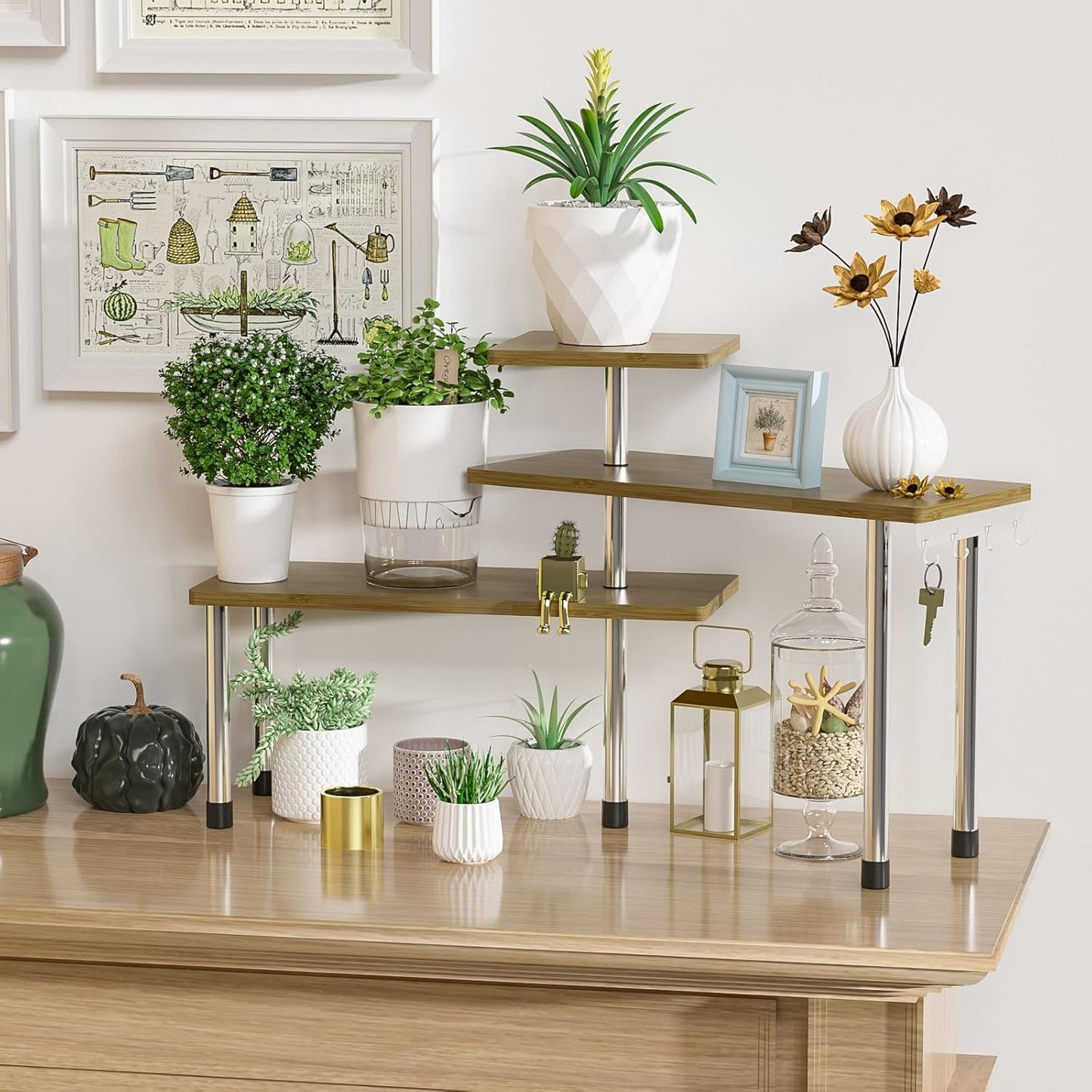 ZHWS Kitchen Countertop Organizer Spice Rack for Salt, Bathroom Counter Organizer Over Sink for Makeup, Skincare, Adjustable 3-Tier Corner Counter Shelf with 4 Hooks for Coffee Bar Dresser Table