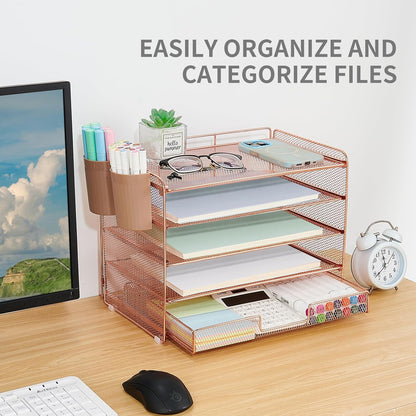 LEKETREE Desk Organizers and Accessories, 5-Tier Paper Letter Tray Organizer with File Holder, Desktop Organizer for Office Supplies (Black)