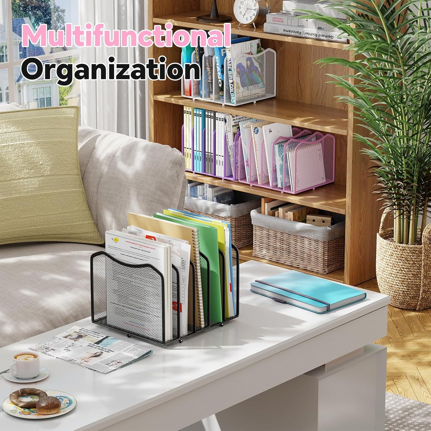 Simple Trending Mesh Desktop File Sorter Organizer, 5-Section Bookshelf for Desk Home Office, Black