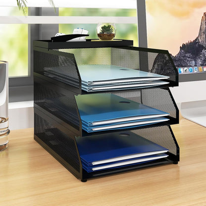 Natwind 4-Tier Paper Organizers,Desk Organizer,Stackable Paper Tray, Desk Accessories,Metal Mesh Desktop Organizer,Letter Trays,File Document Storage Rack for for Home, Office, School (Black)