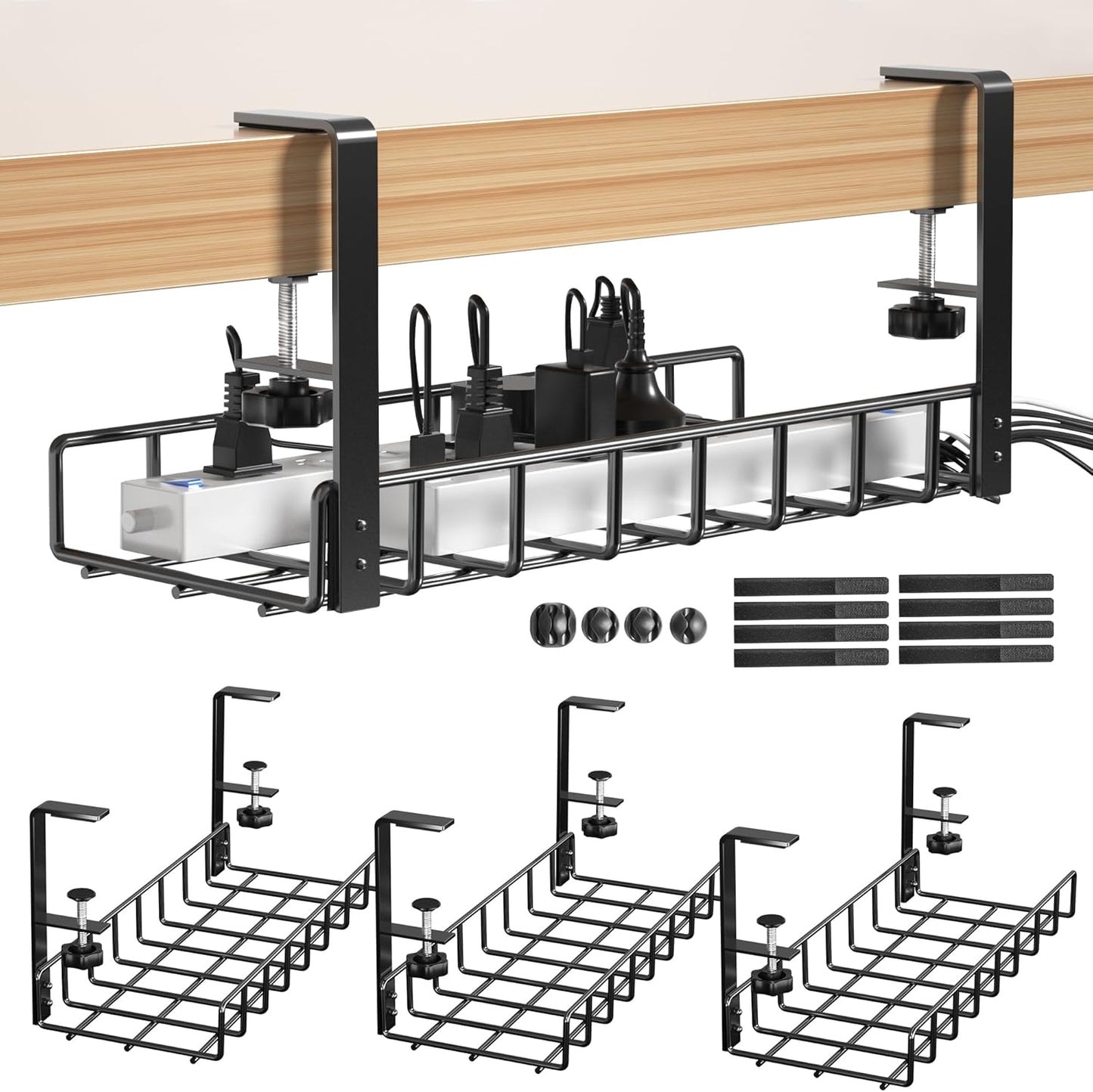 2 Pack Cable Management Under Desk Tray, 31.4" No Drill Under Desk Wire Management with Upgraded Clamp, Metal Cord Organizers for Desk with Cable Organizers, PC Cable Management Rack, Black