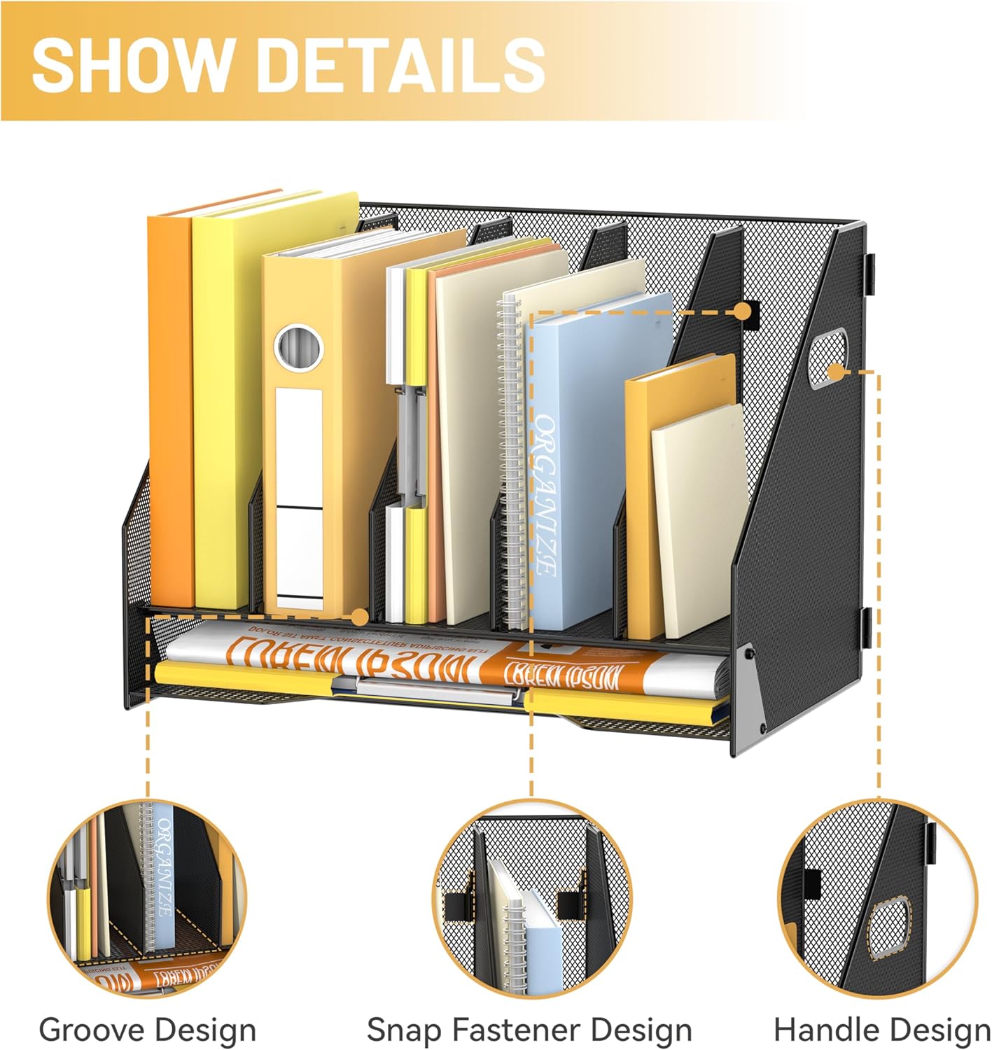 DALTACK Magazine File Holder, 5 Vertical Compartments Rack Binder Holder with Paper Tray, Metal Magazine Organizer for Office, Home, School (Black)