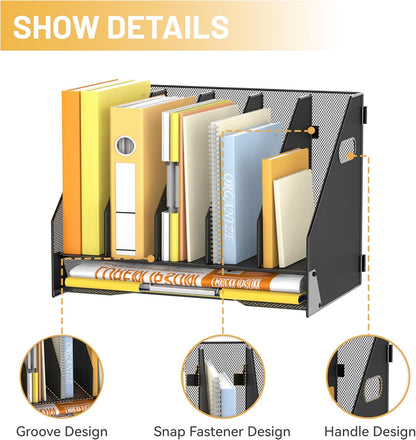 DALTACK Magazine File Holder, 5 Vertical Compartments Rack Binder Holder with Paper Tray, Metal Magazine Organizer for Office, Home, School (Black)