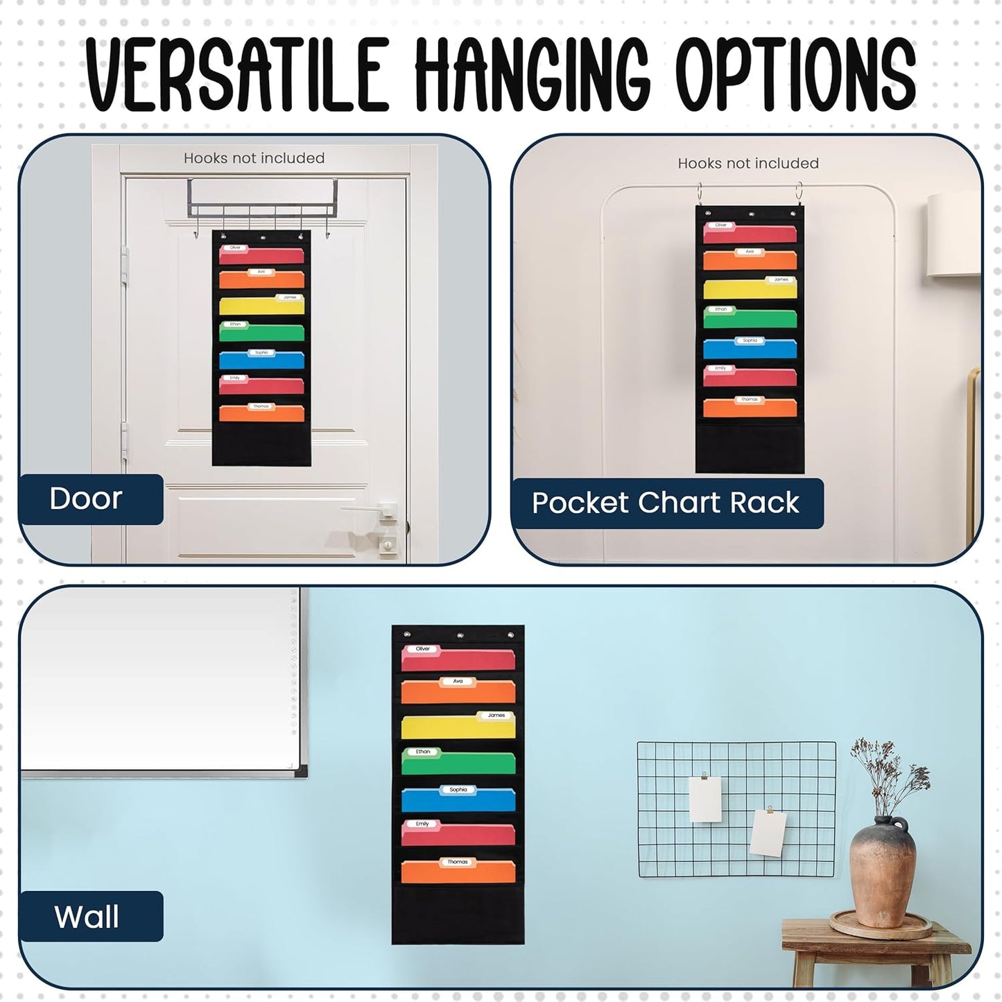 Essex Wares - 7 Pocket File Pocket Chart, Black, Tall - Versatile Wall Hanging File Folder Organizer for Classroom, Office, Home, and More - Wall Folder Organizer - 7 Pockets