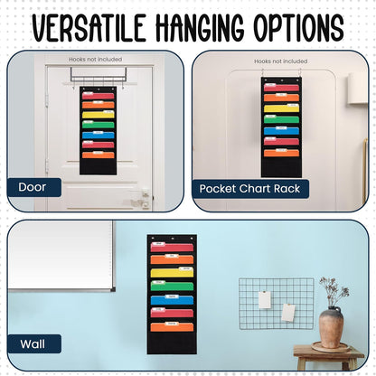 Essex Wares - 7 Pocket File Pocket Chart, Black, Tall - Versatile Wall Hanging File Folder Organizer for Classroom, Office, Home, and More - Wall Folder Organizer - 7 Pockets