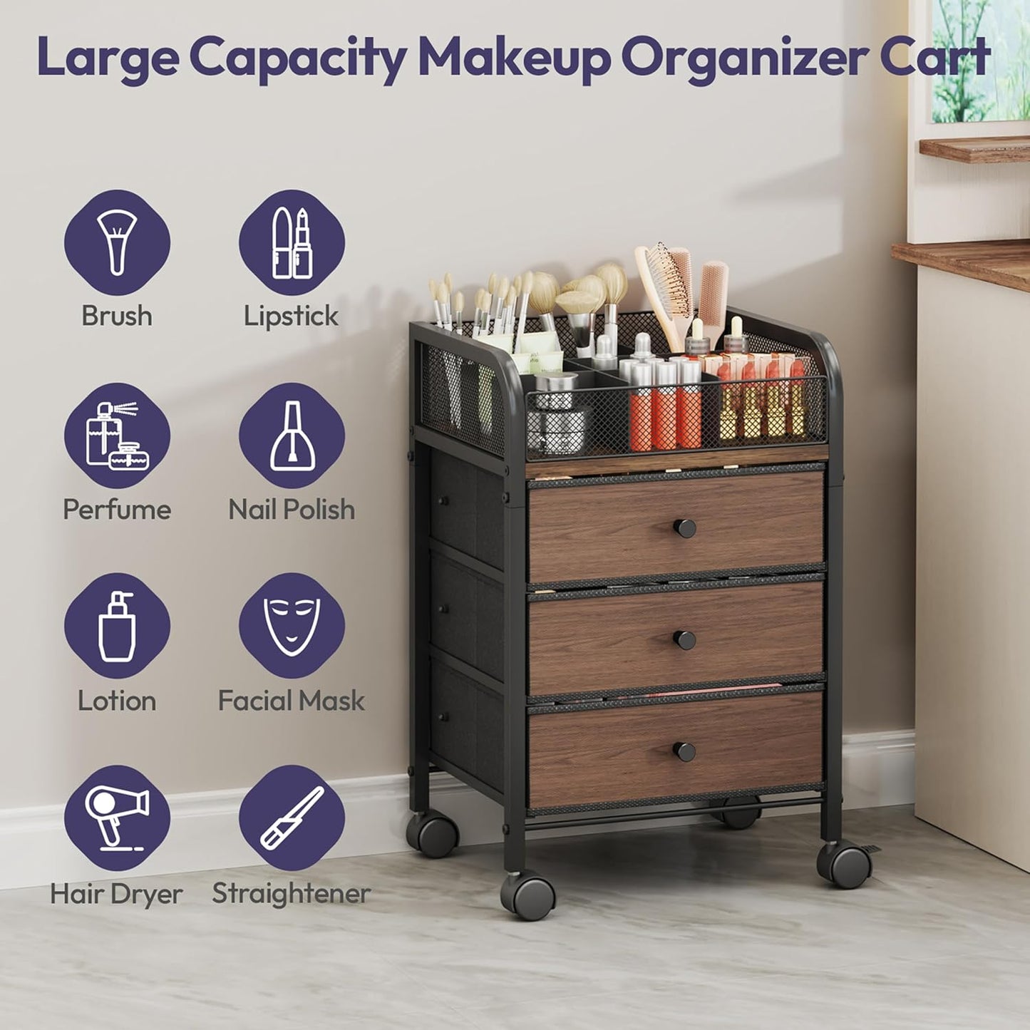 SWTYMIKI Rolling Makeup Organizer Cart - Under Desk Vanity Makeup Storage with 3 Non-woven Drawers, Nail Cart Organizer Cosmetic Display Cases Cabinet for Skin Care Perfume Nail Polish Brush Hair Tool