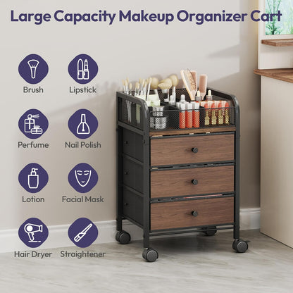 SWTYMIKI Rolling Makeup Organizer Cart - Under Desk Vanity Makeup Storage with 3 Non-woven Drawers, Nail Cart Organizer Cosmetic Display Cases Cabinet for Skin Care Perfume Nail Polish Brush Hair Tool