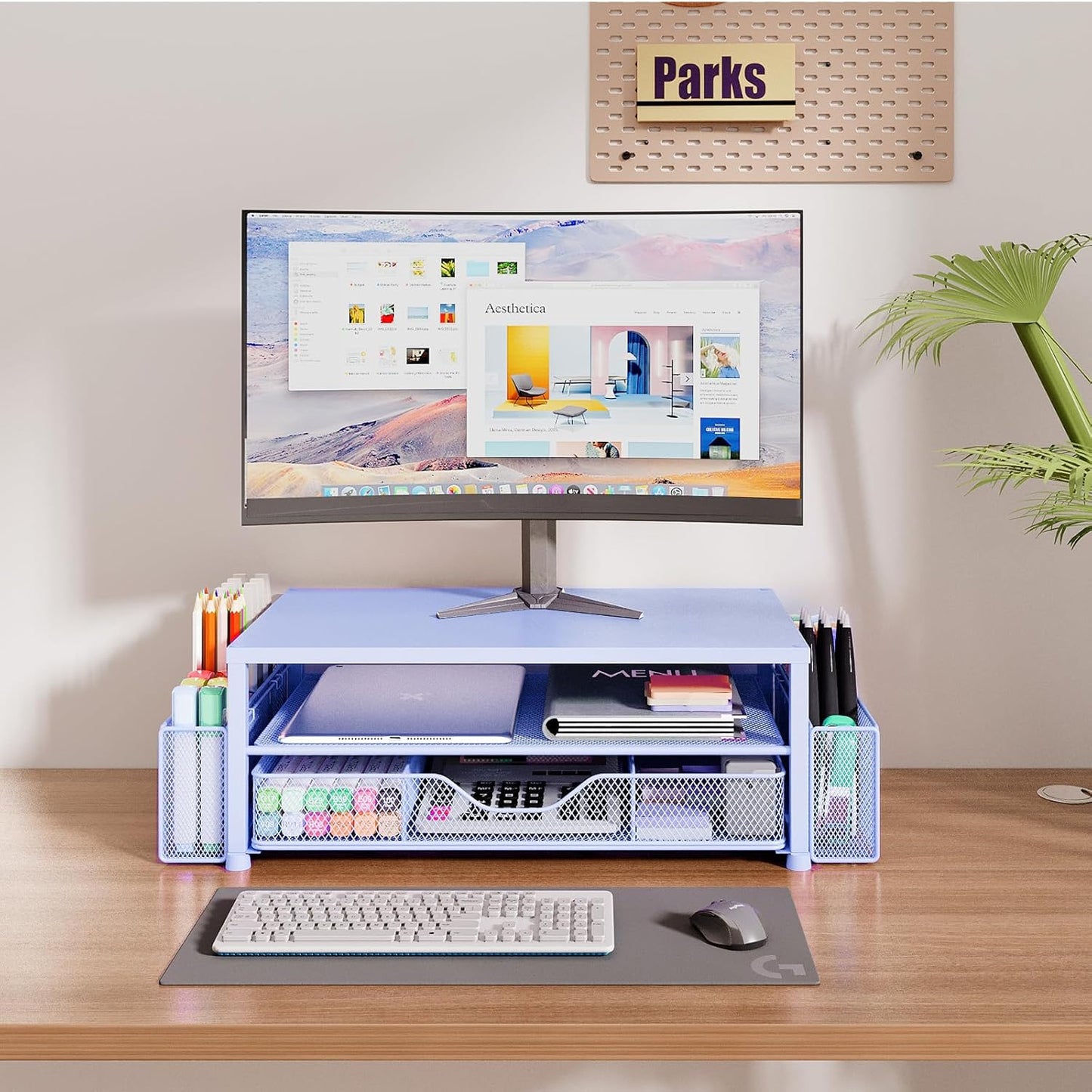 OPNICE Desk Organizers and Accessories, Computer Monitor Stand Riser with Drawer and 2 Pen Holders, Printer & Laptop Stand, Office Desk Accessories & Workspace Organizers for Home Office Supplies, Black