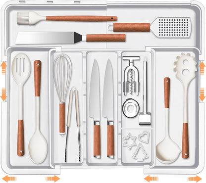 Spaclear Large Utensil Drawer Organizer Expandable Silverware Organizer for Kitchen Drawer Adjustable Cooking Utensil Holder Cutlery Flatware Tray Spatula Tools Gadgets Storage Dividers Plastic Black