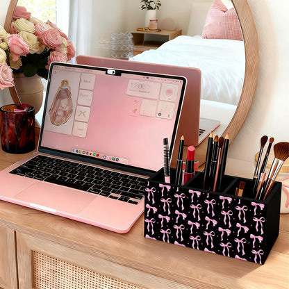 Purple Coquette Bow Pen Pencil Holder for Desk, Girly Office Decor, Preppy Purple Bow Aesthetic Wooden Box Sign Decorations for Girly Room Bedroom Dorm Office Desk Tabletop