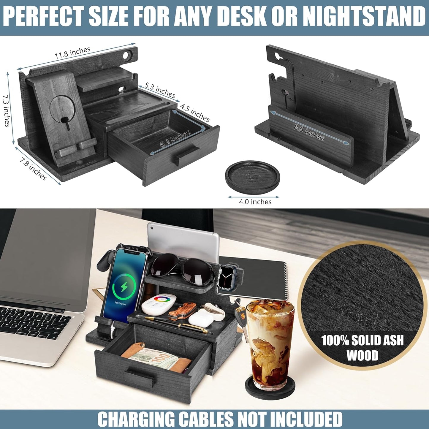 Parkway Home Wood Phone Docking Station with Drawer, Compatible with Apple Watch - Wood Charging Station Organizer Stand, Bedside Nightstand Organizer for Men, Holds Phone, Tablet, Keys, Glasses, EDC
