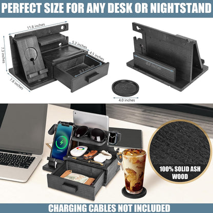 Parkway Home Wood Phone Docking Station with Drawer, Compatible with Apple Watch - Wood Charging Station Organizer Stand, Bedside Nightstand Organizer for Men, Holds Phone, Tablet, Keys, Glasses, EDC