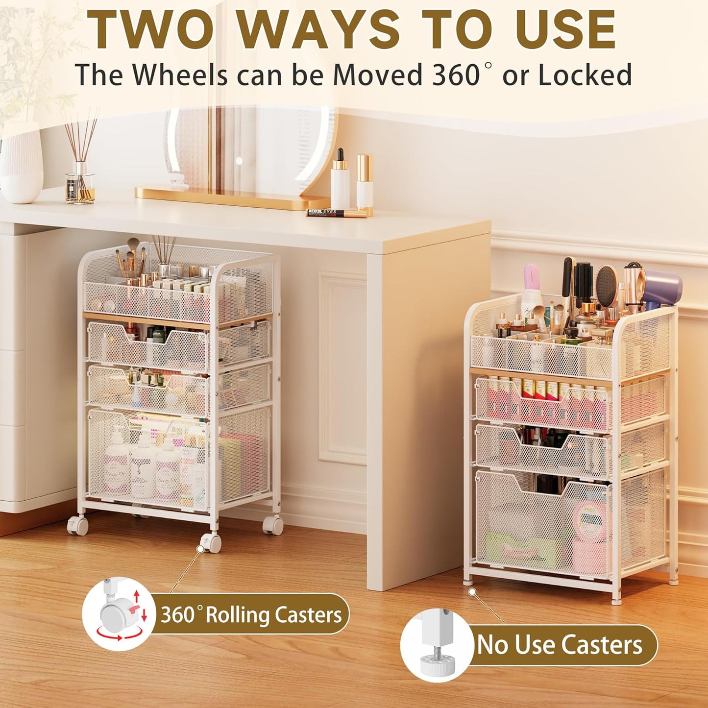 Rolling Makeup Cart Organizer with 3 Drawers, 4-Tier Narrow Floor Skincare Organizers with dividers, Vanity Organizer Cosmetics Display Cases for Makeup Brush, Hair Tool, White