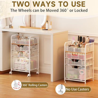 Rolling Makeup Cart Organizer with 3 Drawers, 4-Tier Narrow Floor Skincare Organizers with dividers, Vanity Organizer Cosmetics Display Cases for Makeup Brush, Hair Tool, White