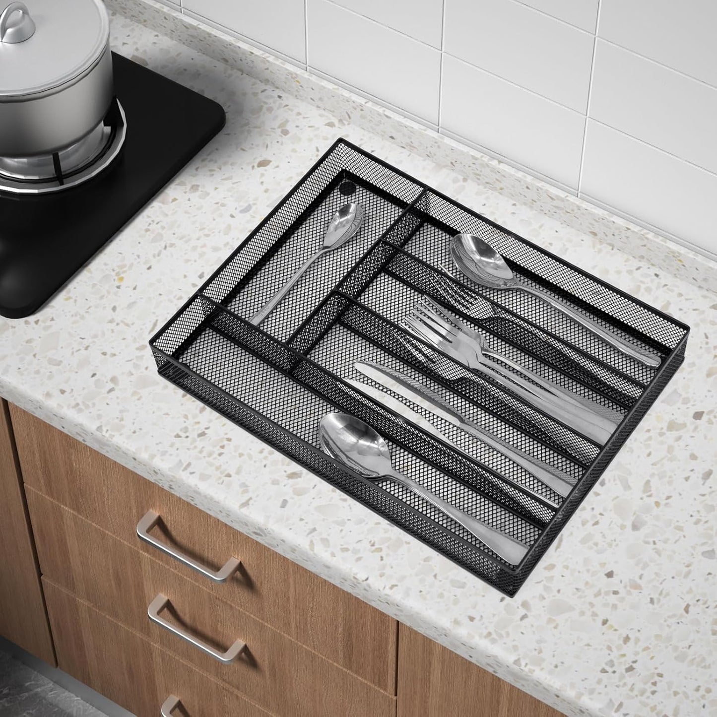 Neudeco Drawer Organizer Set 6 Pack - 5-Compartment Silverware Organizer Tray + 5 Utensil Trays, Kitchen Drawer Organizer for Flatware, Cutlery, Office Supplies, Black Mesh, Non-Slip.