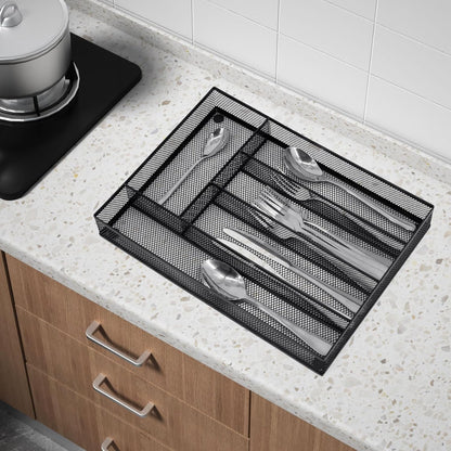 Neudeco Drawer Organizer Set 6 Pack - 5-Compartment Silverware Organizer Tray + 5 Utensil Trays, Kitchen Drawer Organizer for Flatware, Cutlery, Office Supplies, Black Mesh, Non-Slip.