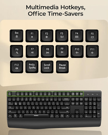 seenda Wireless Bluetooth Keyboard and Mouse Combo, COE200 Ergonomic Wireless Keyboard Mouse with Wrist Rest, Multi-Device Connection, Full-Size, Compatible for Computer/Laptop/Mac/MacBook, Black