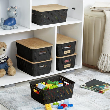 Bagnizer Small Plastic Storage Bins with Bamboo Lids 5.2qt Stackable Box Basket Pantry Decorative Containers Cute with Labels for Organizing Desktop Closet Office Cream White of 6 packs 10*7.2*4.1"