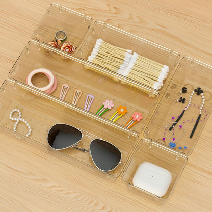 WOWBOX 6 Pack Clear Drawer Organizer Set, Acrylic Drawer Storage Trays, Storage Bins for Makeup, Cosmetics, Jewelries, Utensils, Gadgets, Office