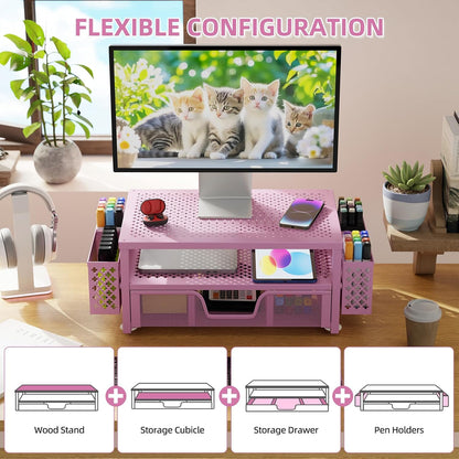 Simple Trending Desk Organizer and Accessories, 2 Tier Computer Metal Monitor Stand Riser with Drawer and Pen Holder for Laptop, Computer, iMac, Black