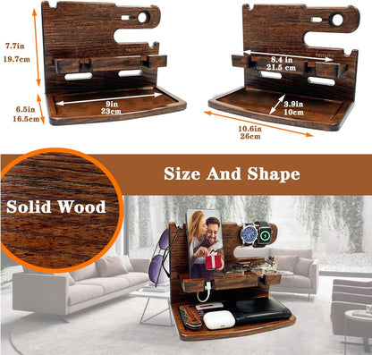 VEIYAILU Gifts for Men Women Dad Husband Boyfriend Wood Phone Docking Station Nightstand Organizer for Men Birthday Gifts (Dark Brown)