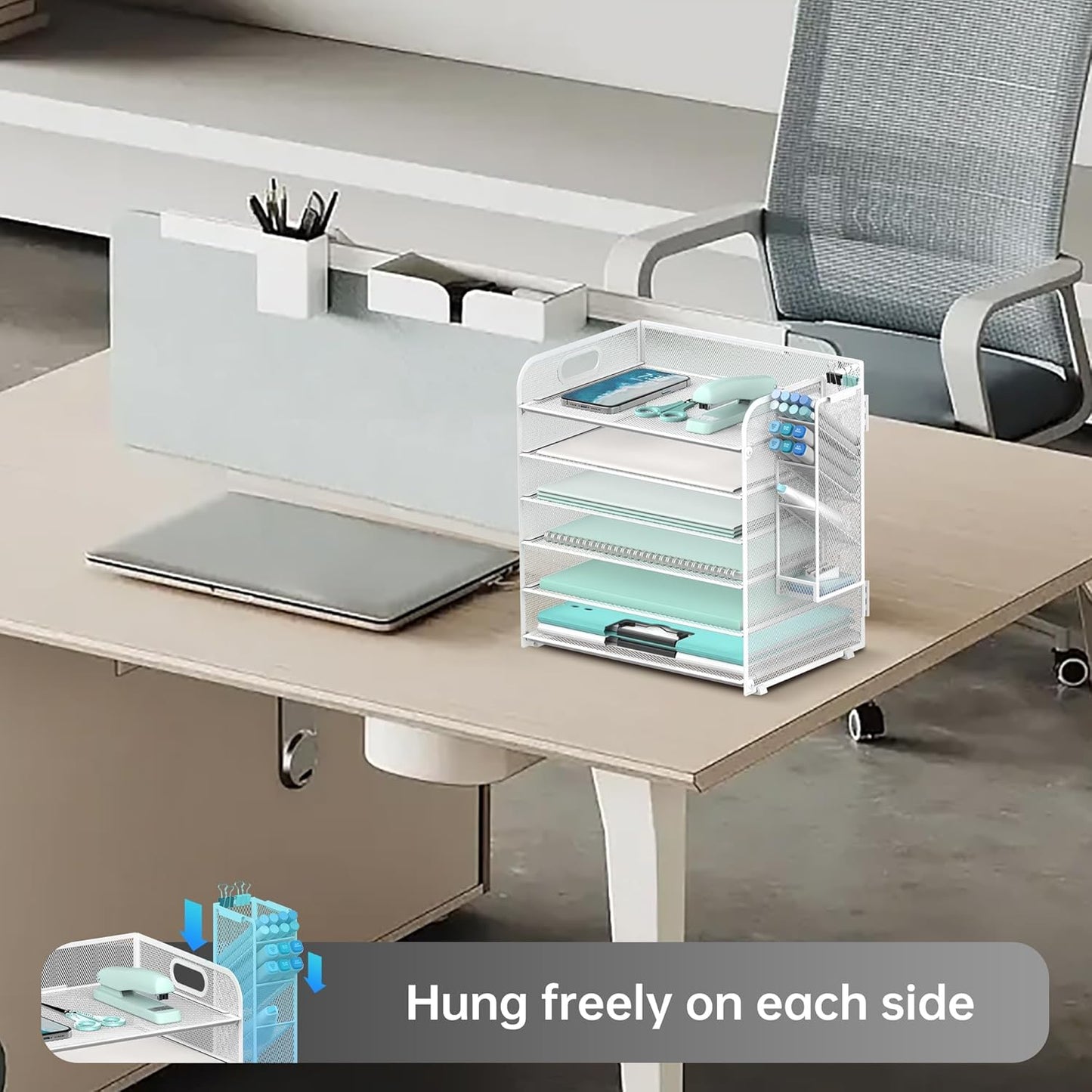 SUPEASY 6 Tier Desk Organizer with 4 Pen Holders, Mesh Paper Organizer Letter Tray with Handle, Desk Organizer Tray File Organizer for A4 File Folder, Black