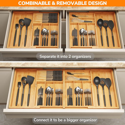 BAMEOS drawer organizer flatware organizer cutlery tray silverware organizer expandable adjustable bamboo drawer organizer kitchen bathroom
