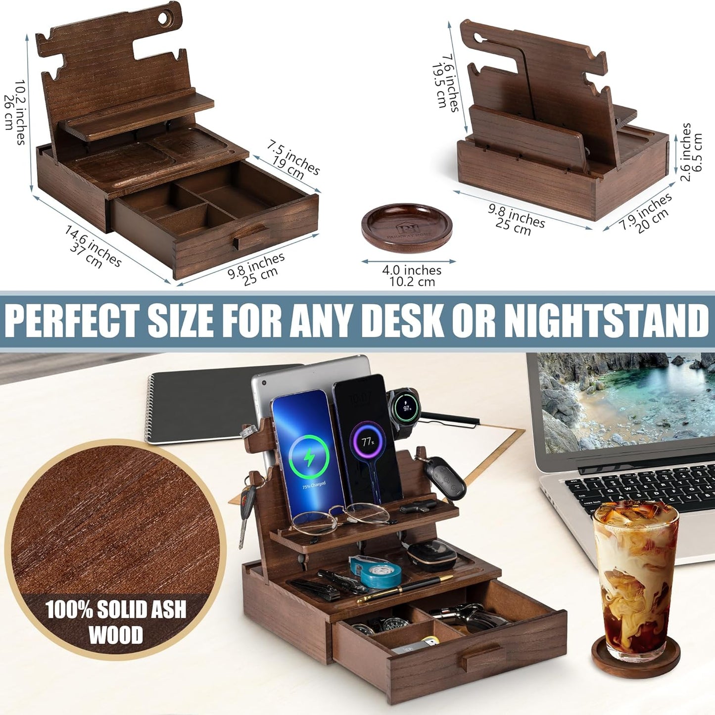 Black Wood Phone Docking Station for up to 3 Phones - Nightstand Organizer with Drawer for Valuables for Men & Women, Compatible With Apple Watch, Holds Phones, Tablets, Keys, Rings, Glasses, EDC