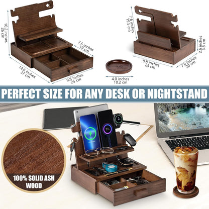 Black Wood Phone Docking Station for up to 3 Phones - Nightstand Organizer with Drawer for Valuables for Men & Women, Compatible With Apple Watch, Holds Phones, Tablets, Keys, Rings, Glasses, EDC
