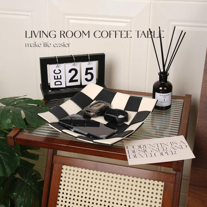 Valet Tray for Men Leather Key Tray for Entryway Table Bedside Nightstand, Desktop Organizer Catch-All for Wallet, Watch, Remote, Keys, Cell Phones, Checkerboard