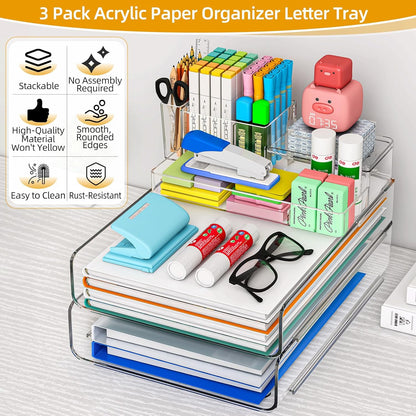 Paper Organizer Letter Tray - Acrylic Stackable Desk File Organizer with 5-Gird Tray and Pencil Holder, Clear File Organizer for Desk, Office Organizer for File Paper, Ipad, Letter, Small Item Etc